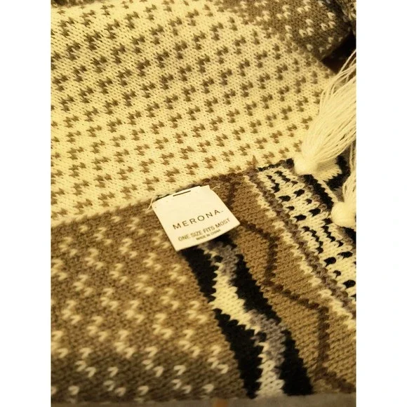 Merona Scarf Wool Blend 10"X60" Taupe Brown Black w/Fringe Reversible 1968 - Picture 3 of 5